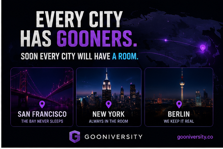 joingoonU's tweet photo. Every city has gooners.

Soon every city will have a room.

San Francisco.
New York.
Berlin.
The Founding Class is forming.
https://t.co/9xdnkdWqqT https://t.co/GJPedMDT7u