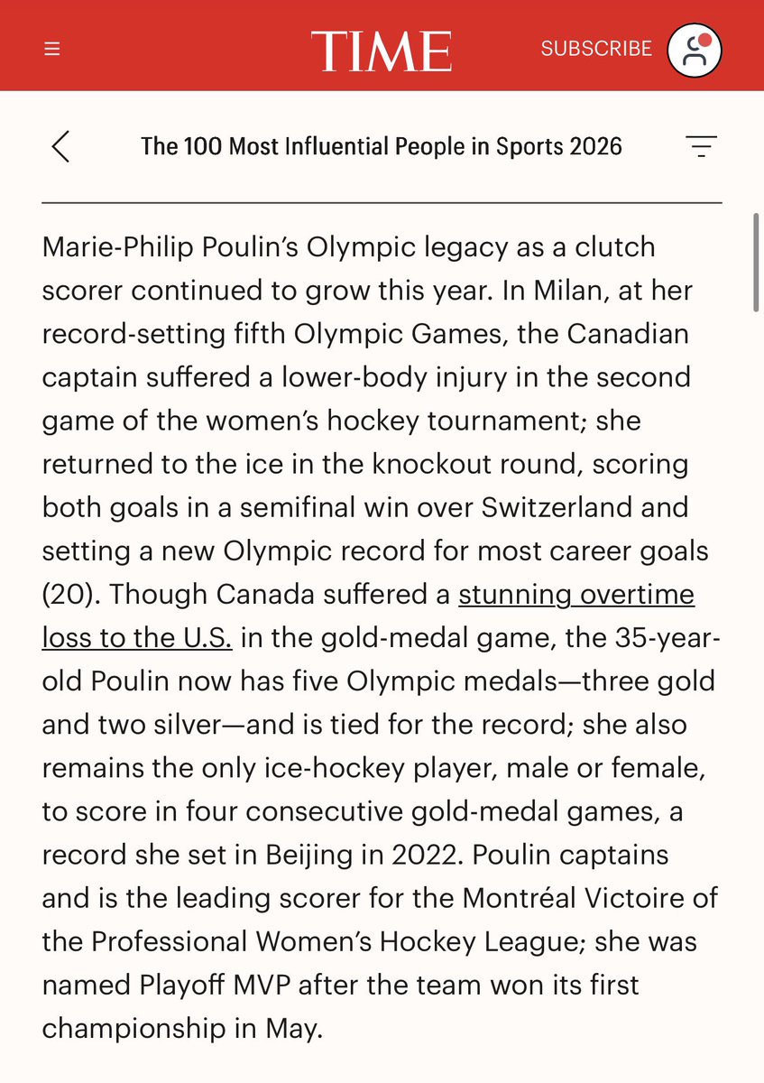 LESBIANS4MPP's tweet photo. Marie-Philip Poulin has been mentioned/listed in TIME’s 100 most influential people in sports in 2026 🙂‍↕️ 

🐐🐐🐐 https://t.co/rRN148By3o