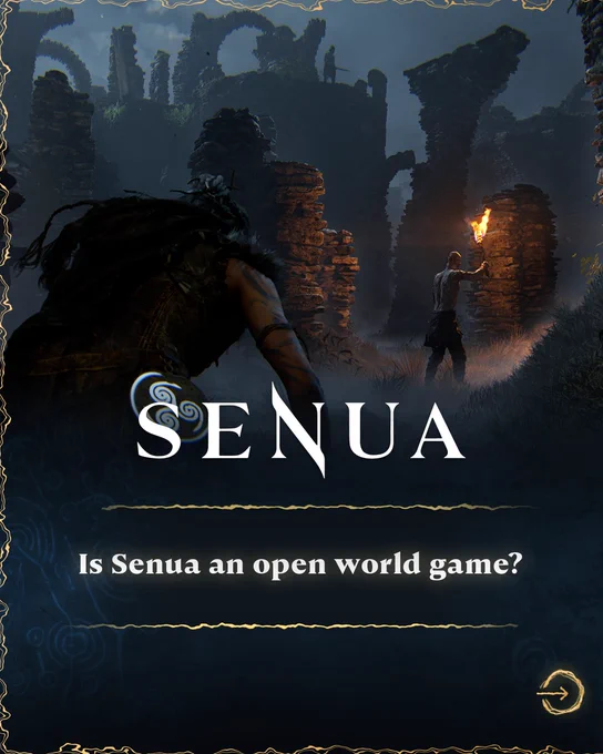 A graphic contains a screenshot from the game Senua, showing the titular character sneaking into old ruins while an enemy patrols with a flaming torch. The ‘SENUA’ logo is displayed in the centre.
Below, text reads: Is Senua an open world game?