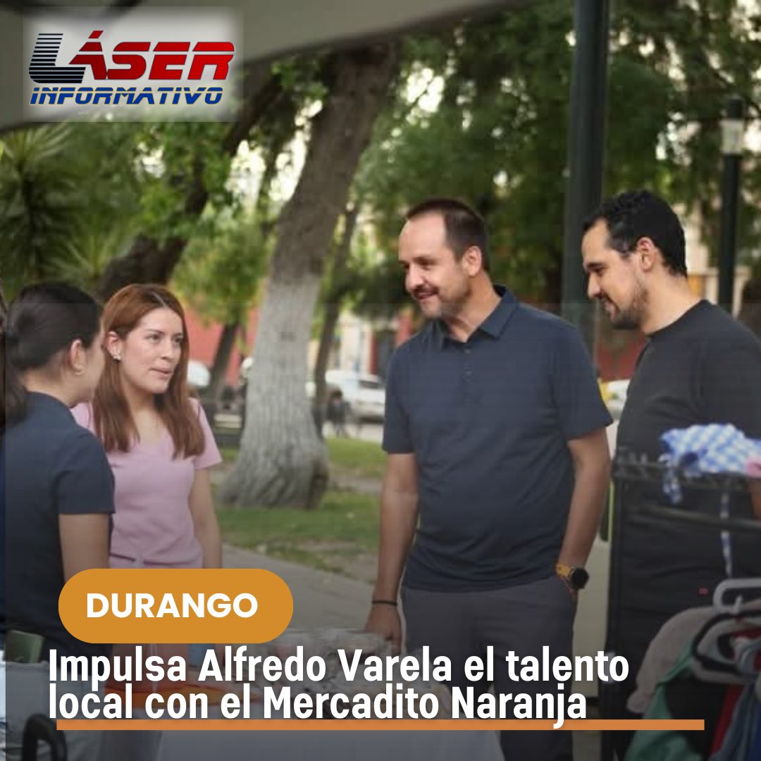 LaloSerranoZ's tweet photo. #LaserInformativo

#Durango|| Impulsa @jalfredovarela el talento local con el #MercaditoNaranja

•Gestiones del regidor de #MovimientoCiudadano para estar presentes en el Corredor de las Alamedas.

Con el objetivo de respaldar a quienes todos los días apuestan por el autoempleo, el talento local y la economía familiar, el regidor de Movimiento Ciudadano, Alfredo Varela, llevó a cabo el Mercadito Naranja de Emprendedores en el Corredor de las Alamedas, un espacio que reunió a cerca de 50 emprendedores duranguenses que ofrecieron sus productos y servicios a la ciudadanía.

La actividad contó también con el respaldo de @alextregam así como con la coordinación de Héctor Montufar quien facilitó que emprendedores de distintos giros pudieran dar a conocer sus proyectos, desde venta de alimentos, libros, ropa y accesorios, hasta diversos artículos elaborados por productores locales.

Alfredo Varela destacó que generar espacios para la promoción y comercialización de productos locales representa una forma directa de fortalecer la economía de las familias duranguenses y de impulsar a quienes han decidido emprender y construir oportunidades por cuenta propia.

“Impulsar a quienes emprenden también es construir comunidad. Detrás de cada negocio hay una historia de esfuerzo, de perseverancia y de personas que trabajan todos los días para salir adelante. Por eso creemos que es importante abrir espacios donde puedan mostrar su talento y conectar con más clientes”, expresó.

Durante la jornada, decenas de familias recorrieron los distintos stands instalados en uno de los espacios públicos más representativos de la ciudad, generando un ambiente de convivencia, consumo local y apoyo mutuo entre emprendedores y ciudadanía.

El regidor de Movimiento Ciudadano señaló que este tipo de actividades no solamente contribuyen al fortalecimiento económico de pequeños negocios, sino que también ayudan a crear redes de colaboración y comunidad entre las y los duranguenses.