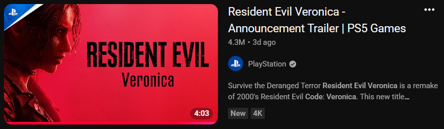 RECVRcountdown's tweet photo. Veronica's YouTube numbers are absolutely insane

In just under four days, it has accumulated 5.9 million views across the PlayStation and Resident Evil channels, while Requiem has reached 7.9 million views after a full year.

Nobody cared about CV, right? 
#REBHFun https://t.co/eVpE0obsSj