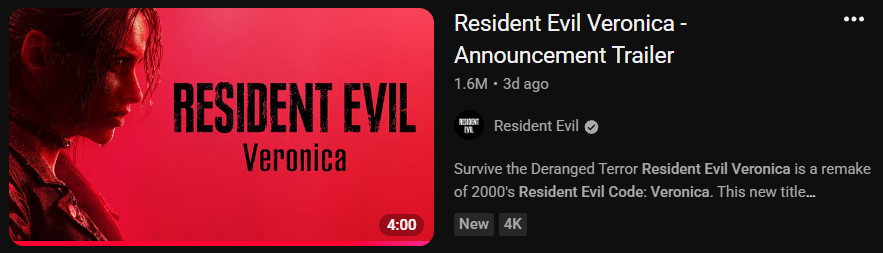 RECVRcountdown's tweet photo. Veronica's YouTube numbers are absolutely insane

In just under four days, it has accumulated 5.9 million views across the PlayStation and Resident Evil channels, while Requiem has reached 7.9 million views after a full year.

Nobody cared about CV, right? 
#REBHFun https://t.co/eVpE0obsSj
