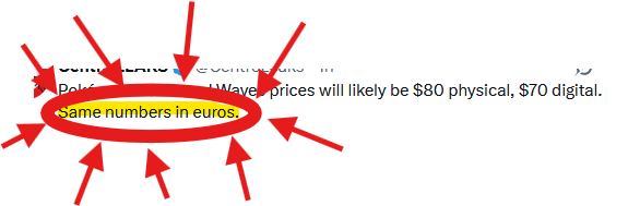 Namknat's tweet photo. @nayt4539 @CentroLeaks This means that 80$ games in USA will cost 80€ in Europe
Video games market don't follow conversion rate between different currencies https://t.co/Ww7hVoHzlc
