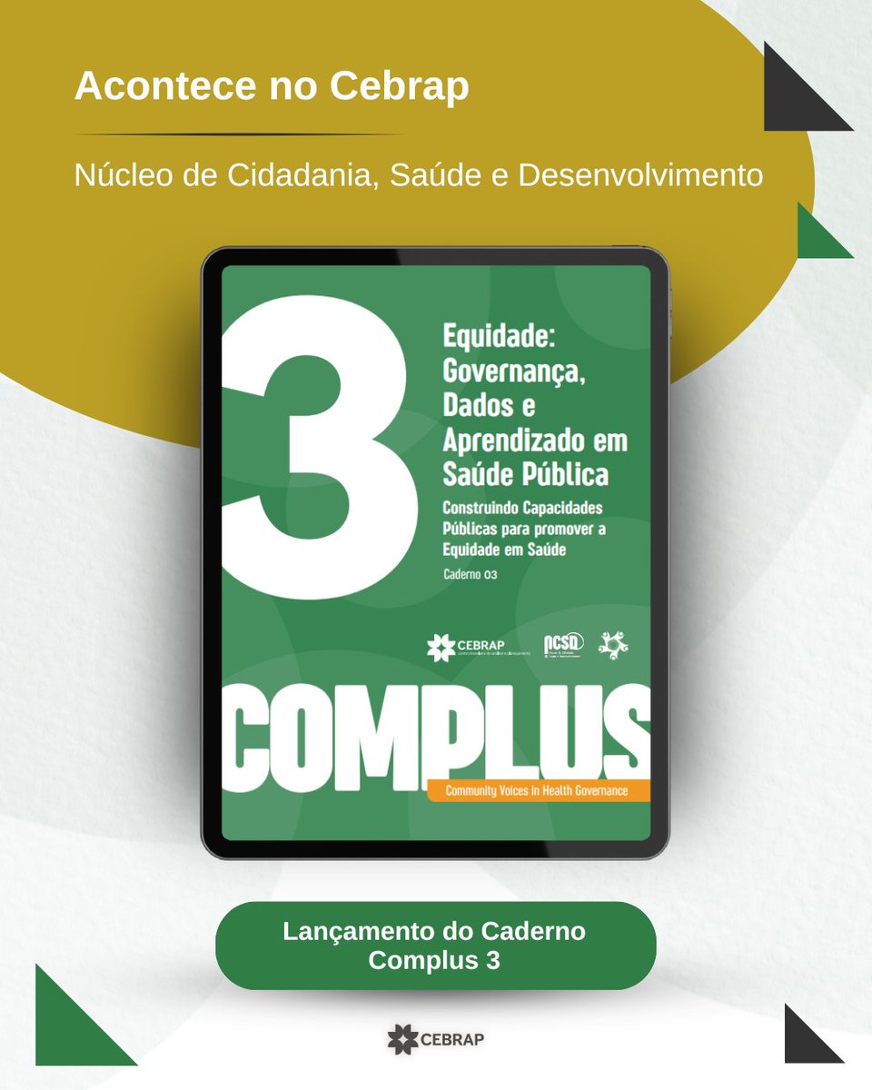 cebrap's tweet photo. Acontece no Cebrap!

O Núcleo de Cidadania, Saúde e Desenvolvimento (NCSD) traz novas publicações e participações internacionais.

➡️ Vera Schattan participou do "Health Systems and Policy Symposium - The Public-Private Mix for PHC", realizado no dia 12 de maio, na University College London, contribuindo para o debate internacional sobre os desafios dos sistemas de saúde com presença pública e privada na Atenção Primária.

➡️ Foi lançado o Caderno 3 da Série COMPLUS Brasil - "Equidade: Governança, Dados e Aprendizado em Saúde Pública". A publicação examina como a equidade se torna - ou não - visível nos dados e nas rotinas de avaliação da Atenção Primária à Saúde nos municípios de São Paulo e Fortaleza, discutindo o que os sistemas de monitoramento conseguem capturar e o que ainda permanece fora do campo de visão das políticas públicas.

➡️ Debora Bernardo assina no Nexo Políticas Públicas o artigo "Pesquisa participativa em serviços de saúde", que apresenta os principais conceitos por trás das metodologias participativas na APS - de coprodução e codesenho à Pesquisa de Ação Participativa -, defendendo que o conhecimento em saúde deve ser construído com as comunidades, e não apenas sobre elas.