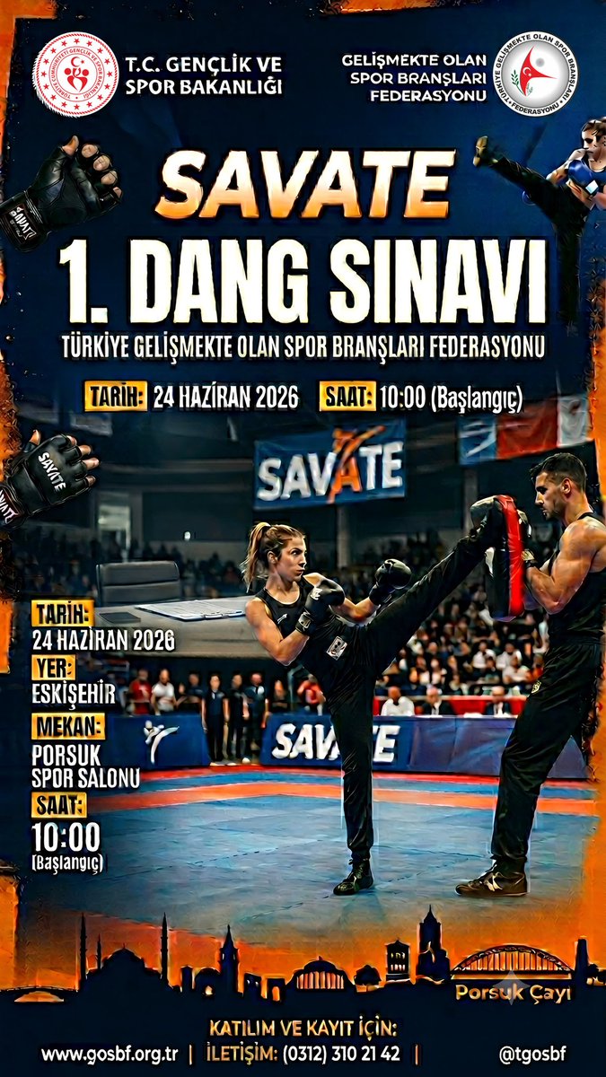 tgosbfed's tweet photo. Savate 1.Dang Sınavları 24 Haziran 2026 tarihinde Eskişehir ilinde gerçekleştirilecektir.

Sınavlara ilişkin duyuruya resmi web adresimiz üzerinden ulaşabilirsiniz. 
@OA_BAK 
@hamzayerlikaya 
@fjuysal 
@gencliksporbak 
@GSBsporgm https://t.co/KUBbImfoDp
