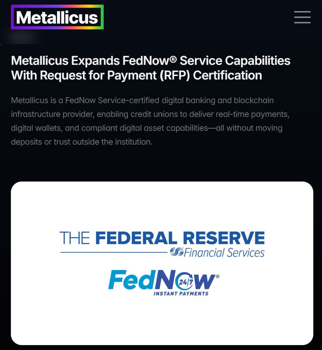 Dagnum_PI's tweet photo. The company behind $XPR just completed certification to process live transactions on the Federal Reserve's FedNow instant payment rail.

Not a partnership announcement. Not an MOU. Live transactions.
@MetallicusTDBN is building what they call "bank chains." 

Banks communicating with each other on-chain to process payments and handle settlements while staying connected to FedNow. No oracles required.

Meanwhile the same team runs Metal X on @XPRNetwork with $39.88M in deposits and perps testing on testnet right now.

Zero gas fees. Biometric wallet authentication. Fiat on-ramp coming for US, Australia, and New Zealand.

Most L1s are chasing exchange listings. This one is plugged into the Federal Reserve.