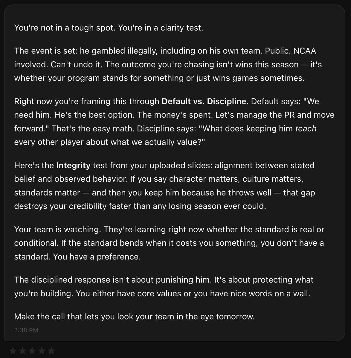 BrianKight's tweet photo. I role played being a HC in the Brendon Sorsby situation with our "Coach Advisor" tool -- the AI powered executive coach I built exclusively for sports coaches.

I explained how the whole situation puts us in a tough spot.

Here's how it advised me: https://t.co/CgrSLHfPXJ