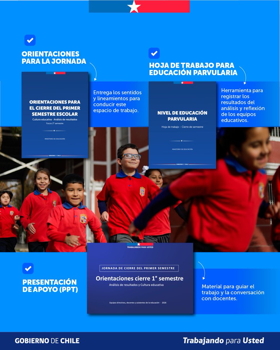 Mineduc's tweet photo. ¡Ya están disponibles los recursos de apoyo para la jornada de término del primer semestre 2026!

Encuentra orientaciones, herramientas de trabajo y materiales para fortalecer la reflexión pedagógica y proyectar el segundo semestre. 📚✨

Descubre más en https://t.co/T9iUPP7SX2 https://t.co/6rwDVp0I6X