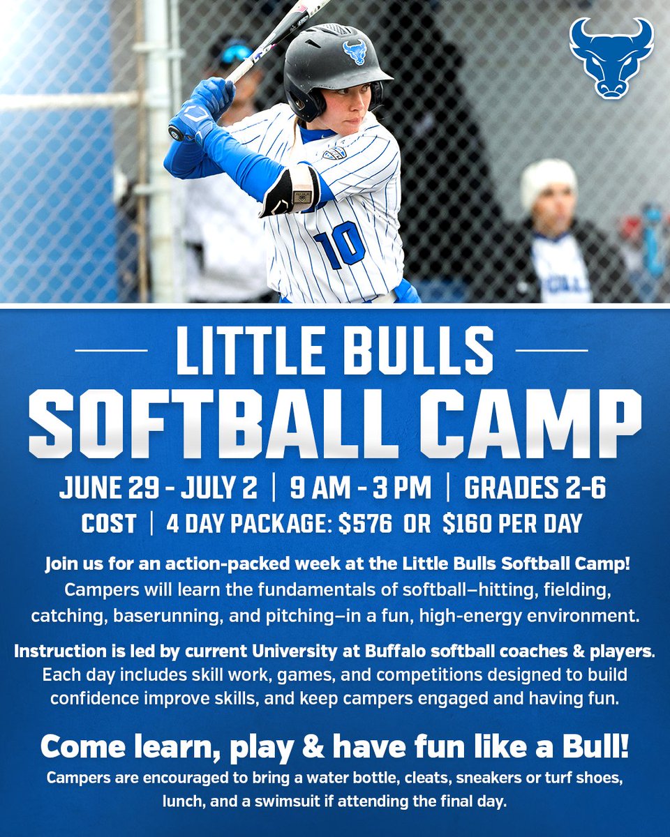 UBuffaloSB's tweet photo. 🚨 20 DAYS LEFT to sign up! 🚨

Little Bulls Softball Camp 🦬🥎
📅 June 29–July 2 | 9AM–3PM
👧 Grades 2–6

Get ready for 4 DAYS OF FUN while learning hitting, fielding, pitching + more with UB coaches &amp; players!

Register here: https://t.co/7mqkwxBtq3 https://t.co/durbv16qQM