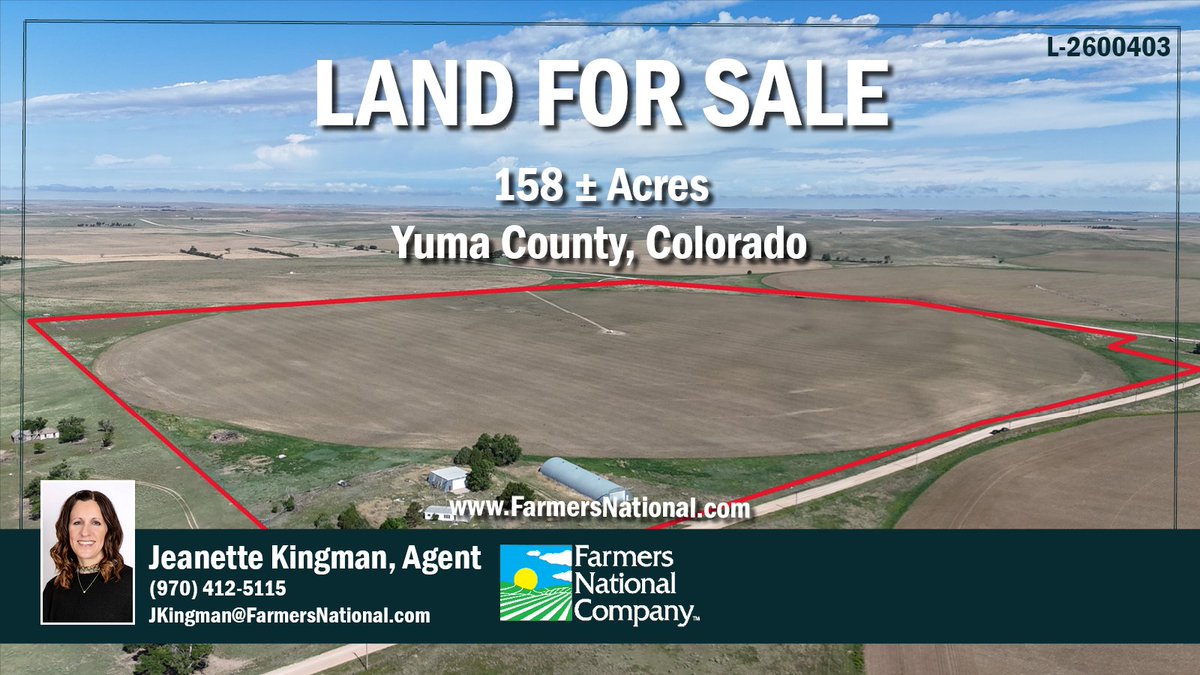 FarmersNational's tweet photo. #Land For Sale!
158 acres in Yuma County, #Colorado.

Turnkey #irrigatedquarter! Property has excellent #soil and #reliablewater. Located in a premier farming region.

🔗https://t.co/sAOpJg7E3b https://t.co/vXDjFgOrYN