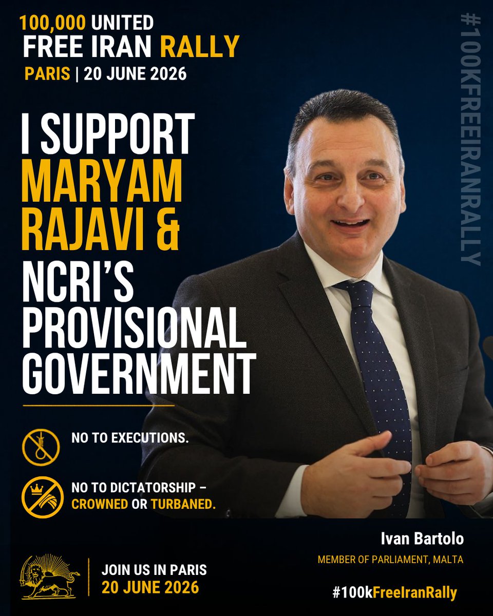 APA_ICE's tweet photo. From Malta, Ivan Bartolo, Member of Parliament, supports the #100KFreeIranRally. Standing with the Iranian people, he supports a free democratic republic in Iran, free from executions, committed to human rights, equality before the law. https://t.co/ppbwKV5R1p