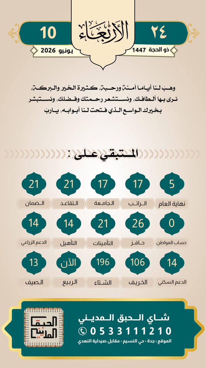altaqwm22's tweet photo. #الاربعاء 23/ذو للحجة (12)1447هـ
#الموافق 9/يونيو (06)2026
#الراتب 18
#التقاعد 23
#الضمان 23
#حساب_المواطن 1
#حافر 29
#التامينات 24
#التأهيل_الشامل 22
#الدعم_الزراعي 16
#الدعم_السكني 15
#التقويم_الرقمي
#صدقه_جاريه
#لاتنسون_صاحب_الحساب_من_دعواتكم_علي_القدري_رحمة_الله https://t.co/OxpL3yjYSL