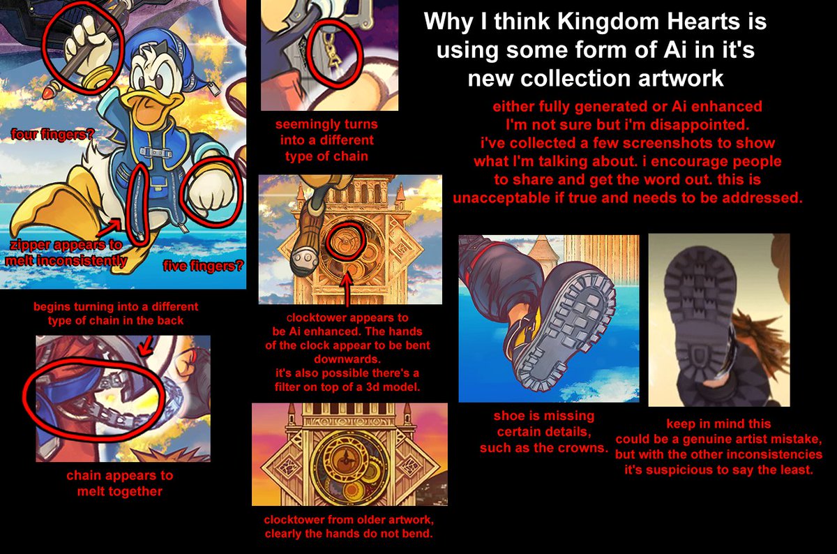 vexmyx's tweet photo. I tried compiling screenshots of the things that look like Ai or Ai enhanced in this KH cover artwork. Really disappointing to see this from Square, I'd really love if there could be some kind of statement regarding this.
#kingdomhearts #kh #kh4 https://t.co/GVcSaoUajK