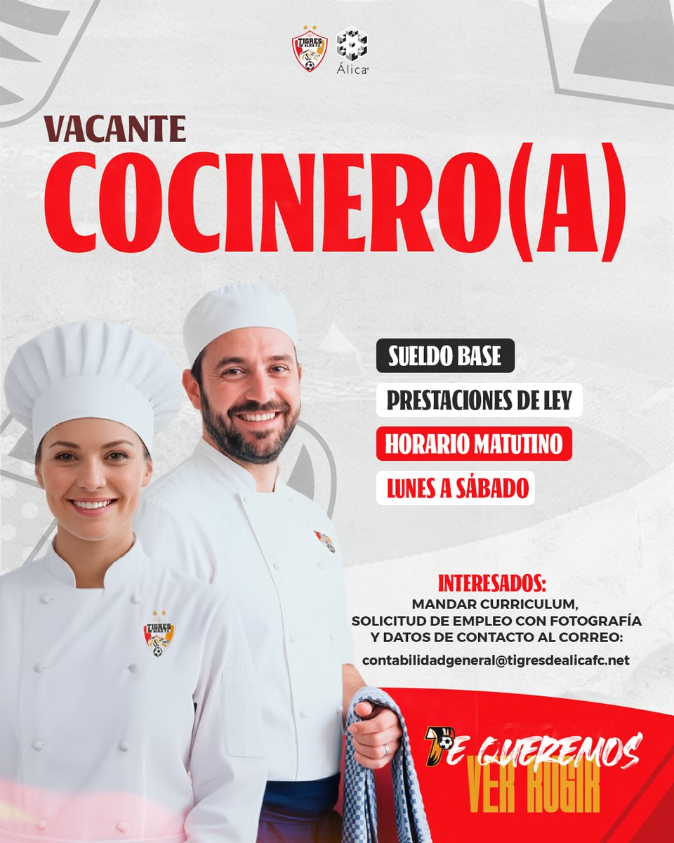 TigresAlicaFC's tweet photo. Si te apasiona la cocina, eres responsable y te gusta trabajar en equipo, esta puede ser tu oportunidad de formar parte de una institución comprometida con la excelencia dentro y fuera de la cancha.

📩 Envía tu información al correo:
contabilidadgeneral@tigresdealicafc.net https://t.co/SyRGoMj975