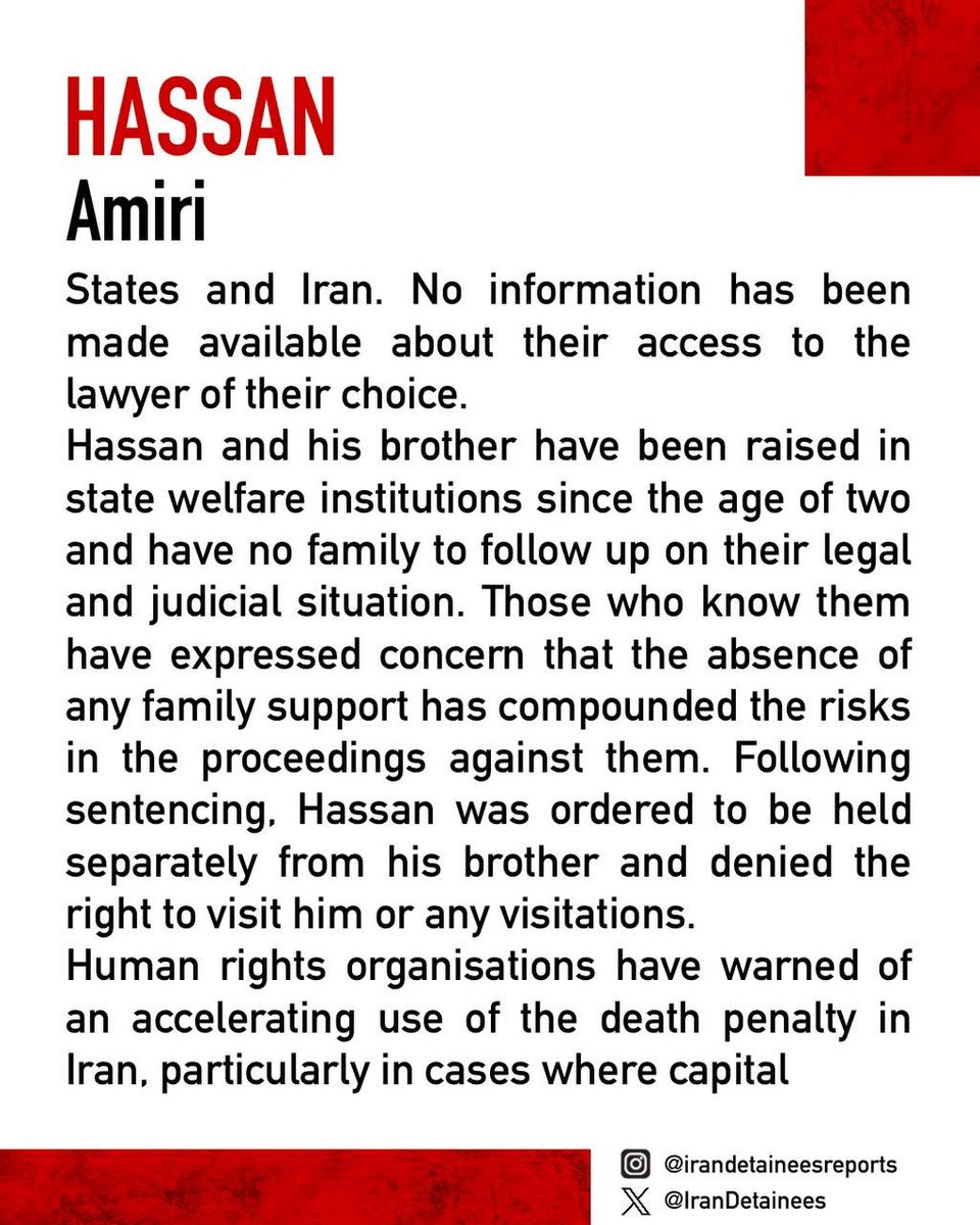 IranDetainees's tweet photo. #HassanAmiri, 20, held at Qezelhesar Prison in Karaj, was sentenced to the death penalty on a charge of espionage after he and his twin brother were arrested at a checkpoint in March 2026. The sole evidence cited is photographs of …
Read more in comments. https://t.co/2g77RAGCPt