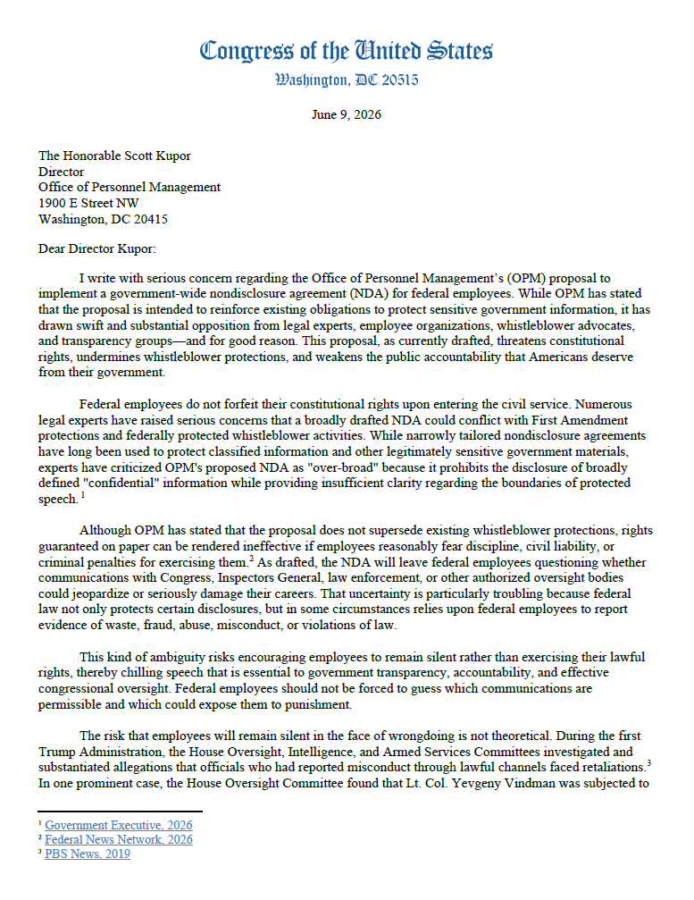 CongressmanRaja's tweet photo. Trump’s proposed government-wide nondisclosure agreement (NDA) for federal employees could silence whistleblowers and make workers think twice before reporting wrongdoing.
I’m demanding answers because federal employees should never fear retaliation for exposing waste, fraud, abuse, or violations of law.