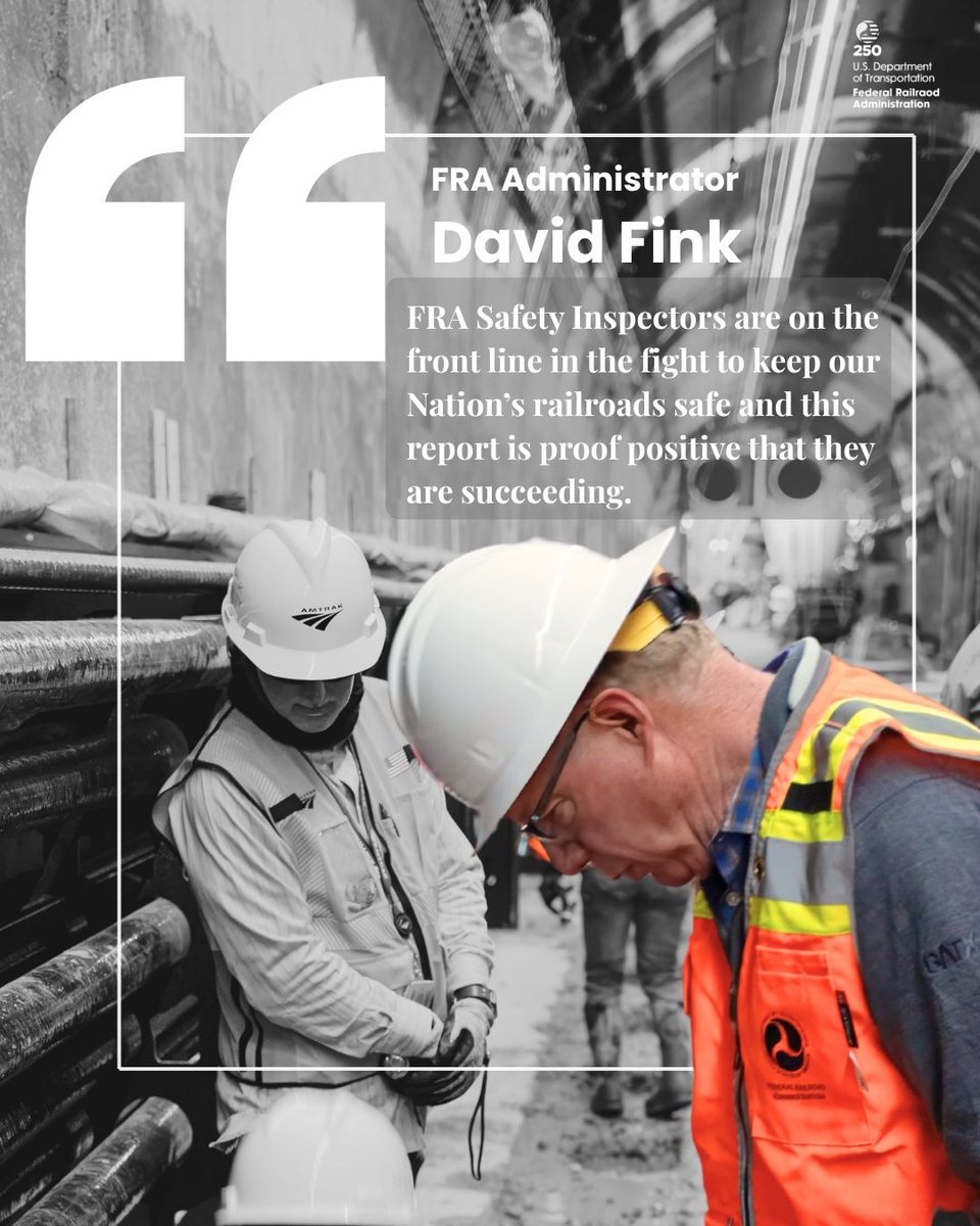 USDOTFRA's tweet photo. The results are in for the 2025 Annual Enforcement Report!

Under the Trump Administration, the FRA has reached new milestones: 
☑️Conducted more than 70,000 inspections ☑️Issued over $21 million in civil penalties
☑️Increased rail safety fines by 25%
These actions are helping make rail transportation safer for communities and more reliable for  businesses and supply chains globally. 
You can read the full release here: https://t.co/jzQ8DIIMnJ