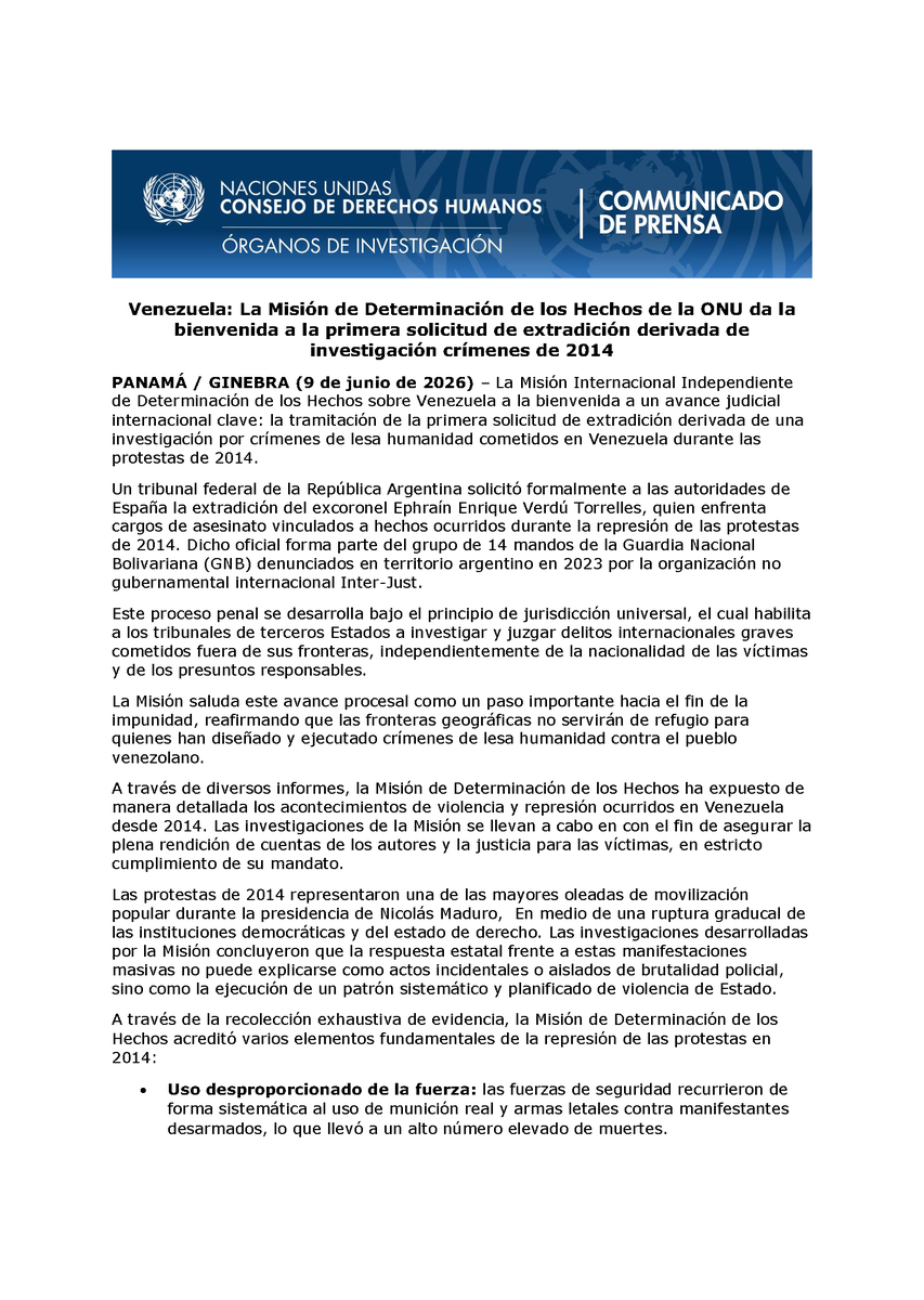 uninvhrc's tweet photo. La Misión @ONU_es de Determinación de los Hechos sobre #Venezuela a la bienvenida a un avance judicial clave: la tramitación de la primera solicitud de extradición derivada de una investigación por crímenes de lesa humanidad cometidos en Venezuela durante las protestas de 2014. https://t.co/nLMvlPsA87