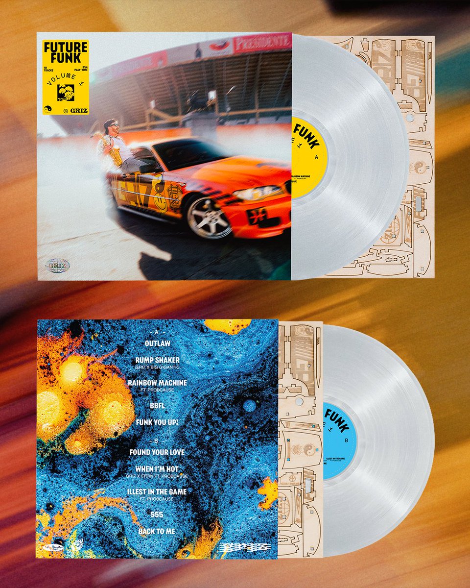 Griz's tweet photo. What makes the vinyl deluxe? This release features a double-sided LP in one pocket + a custom laser-cut wooden model kit of the Future Funk drift car in the other, ready to be assembled while you listen to the album.

Pre-order is only open for one week!⏰ https://t.co/KoDGVQtibr