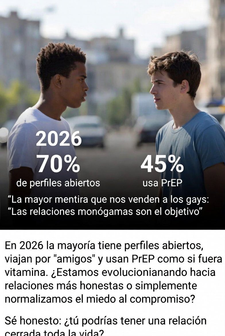IsacklainG's tweet photo. La mayor mentira que nos venden a los gays: “Las relaciones monógamas son el objetivo”.
En 2026 la mayoría tiene perfiles abiertos, viajan por “amigos” y usan PrEP como si fuera vitamina.
¿Estamos evolucionando hacia relaciones más honestas o simplemente normalizamos el miedo al compromiso?
Sé honesto: ¿tú podrías tener una relación cerrada toda la vida? 🔥
#GayTwitter #RelacionesAbiertas