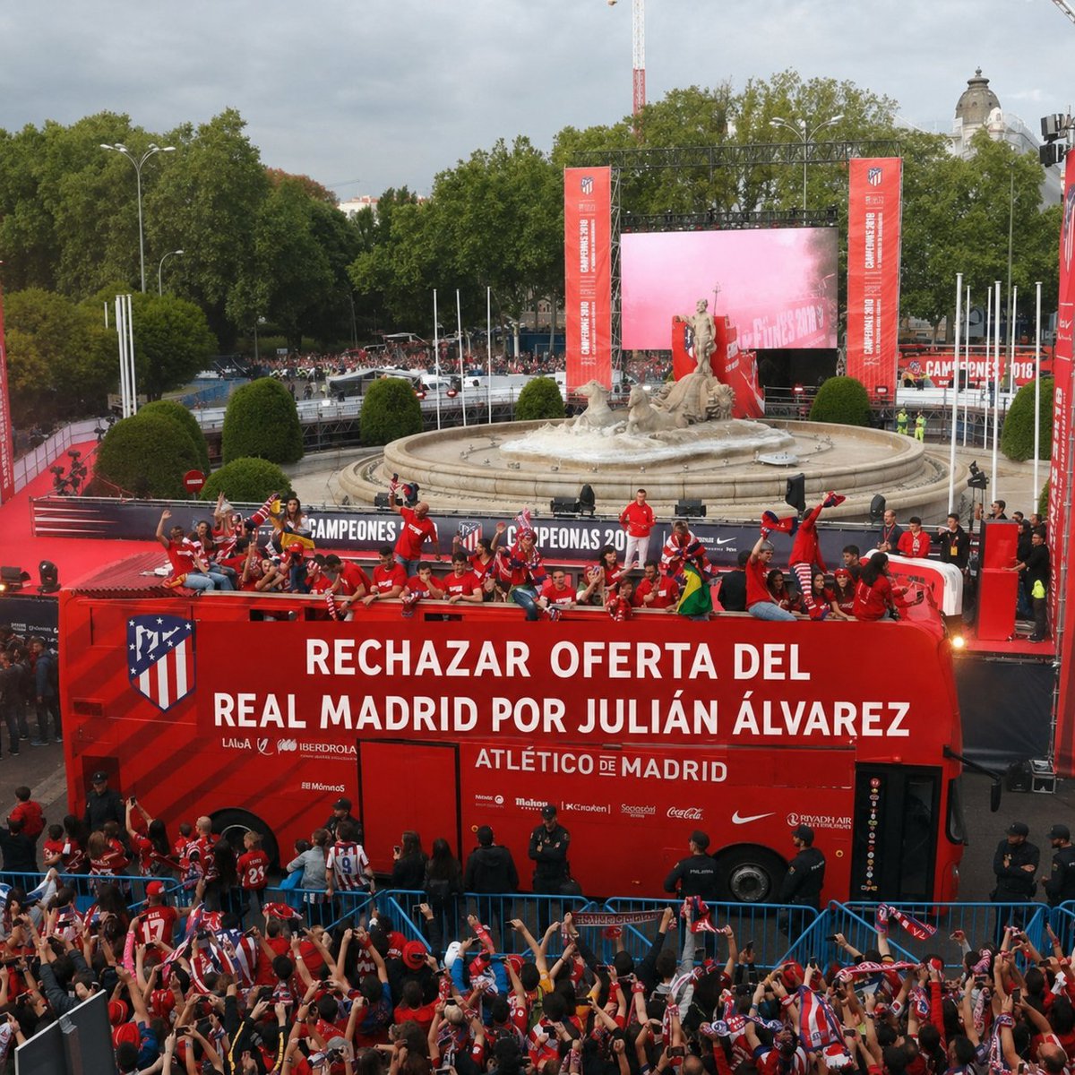 Lavozgalactica's tweet photo. 🚨 ÚLTIMA HORA: Empieza la celebración del único título del Atlético de Madrid en 5 años. 

Esto se debe a que han rechazado una oferta del Real Madrid de 150M por Julián Álvarez. https://t.co/iyxNjkMhE2