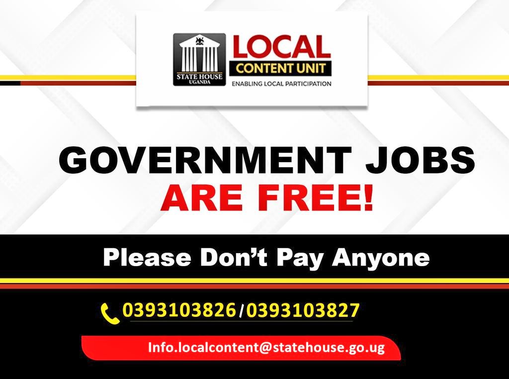 Muntaare's tweet photo. Government jobs are earned through merit, competence, and a transparent recruitment process they are not for sale.

Report any individuals soliciting bribes or exploiting job seekers to @SH_LocalContent.
#LocalContentUg https://t.co/RfRvDoKpkb