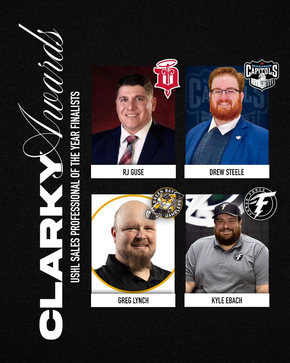 USHL's tweet photo. Congratulations to the USHL Sales Professional of the Year finalists. 👏

🔴 RJ Guse — Dubuque Fighting Saints
⚫ Drew Steele — Madison Capitols
🟢 Greg Lynch — Green Bay Gamblers
⚪ Kyle Ebach — Fargo Force https://t.co/DUPL2LYdqZ