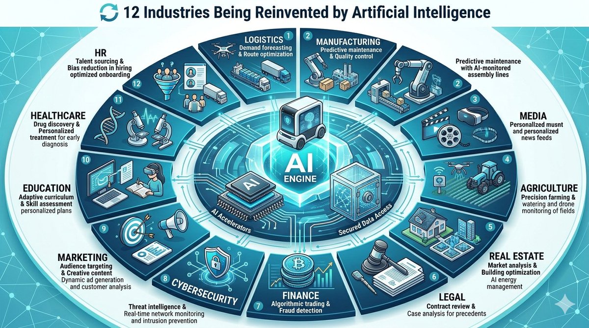 anmolocity's tweet photo. 🔄 12 Industries AI is reinventing right now:

🏥 Healthcare 🎓 Education 🌾 Agriculture
💰 Finance 📣 Marketing 🚚 Logistics
⚖️ Legal 🏠 Real Estate 📺 Media
🏭 Manufacturing 👥 HR 🔐 Cybersecurity

No industry is safe from the shift. 🤖

#AI #Innovation https://t.co/nkwD0emN7G