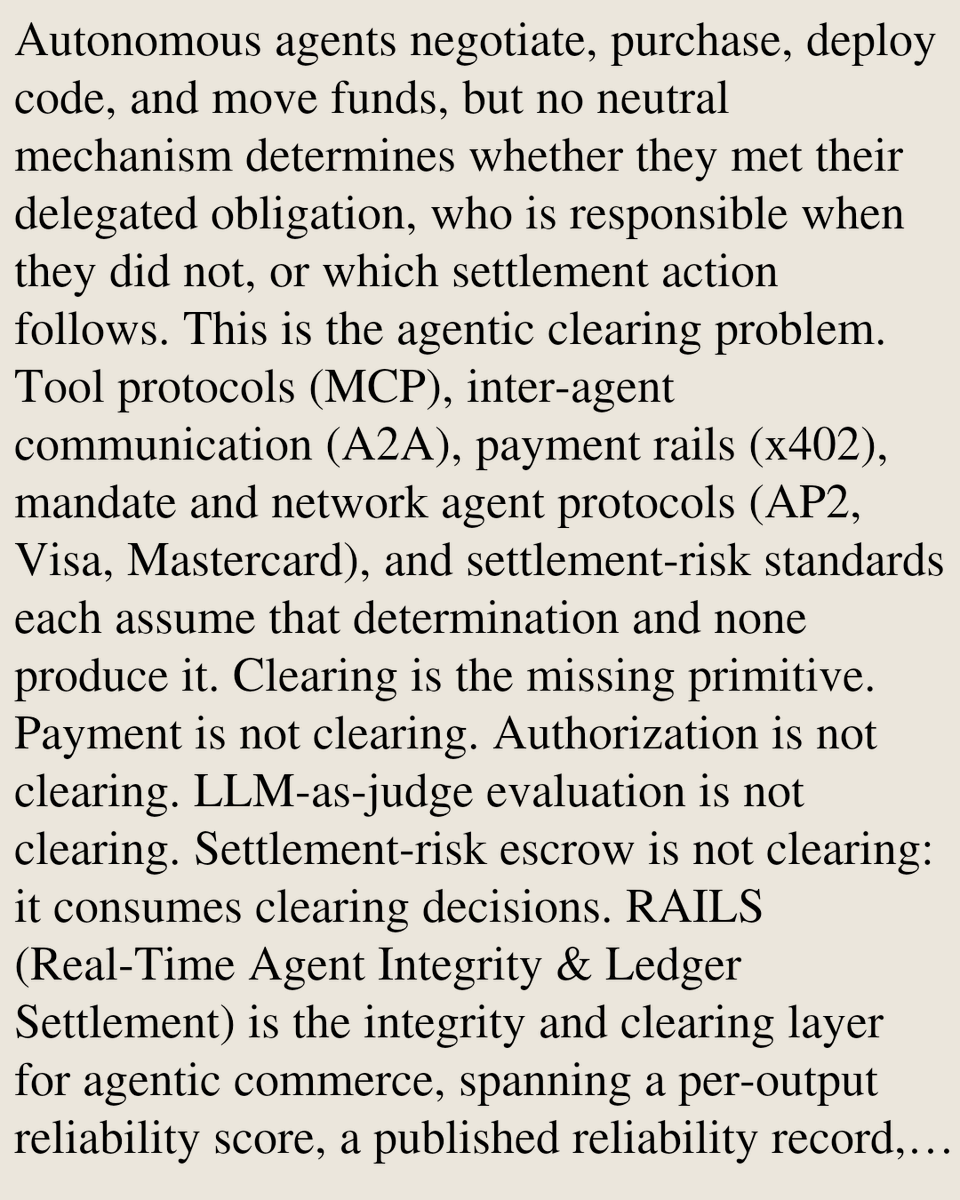 SciFi's tweet photo. RAILS: Verification-Native Clearing For Agentic Commerce

Adrian de Valois-Franklin, Alex Bogdan
https://t.co/XALE4CQ2a0 [𝚌𝚜.𝙰𝙸 𝚌𝚜.𝙲𝚁 𝚌𝚜.𝙼𝙰] https://t.co/Isewmj1LYF
