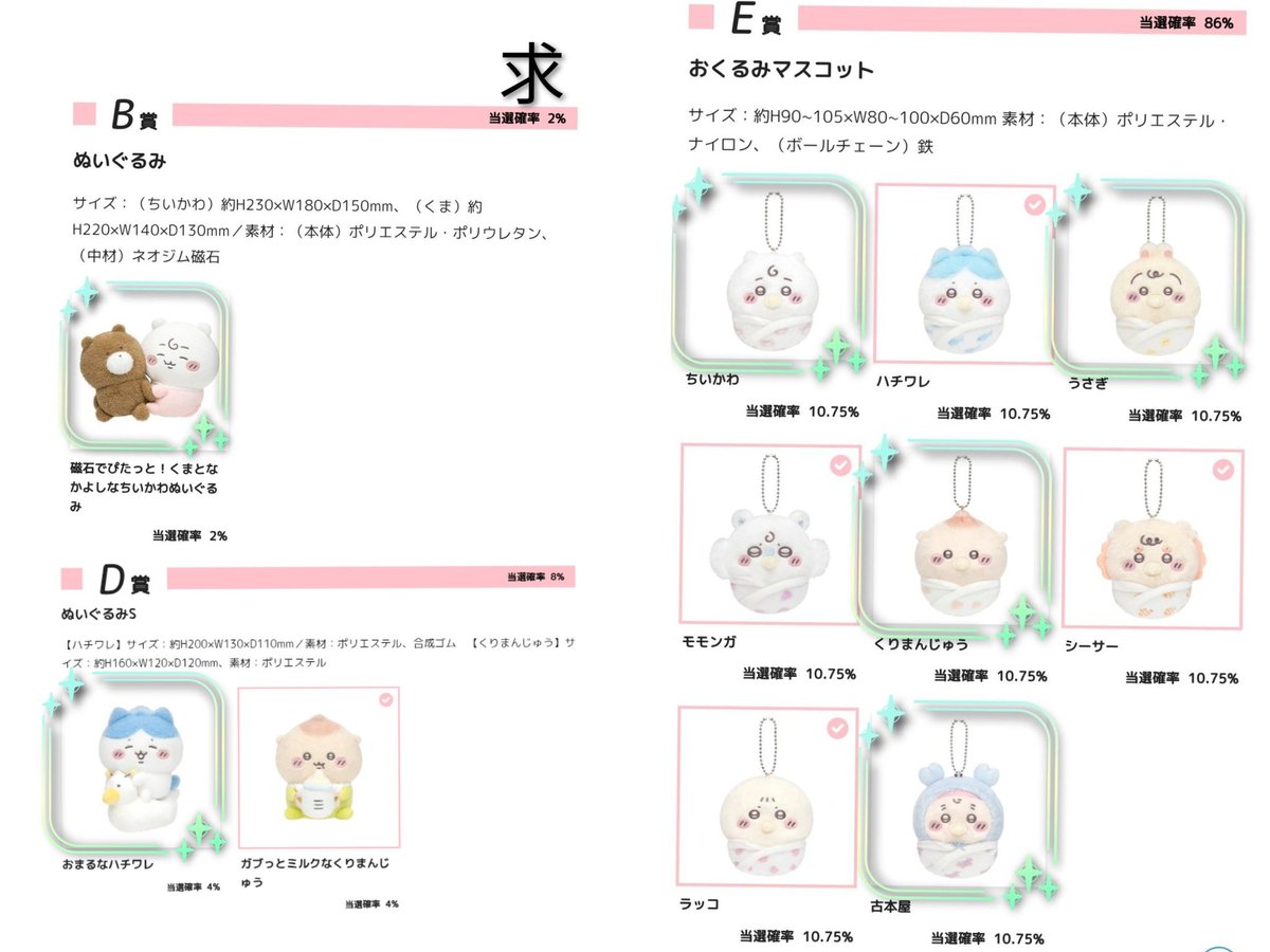khulut's tweet photo. 【交換】ちいかわくじ

譲） C モモンガ
D くりまんじゅう
E ハチワレ　ラッコ
たぬきだもん、うさぎだらけくじ
求） B ちいかわ
D ハチワレ
E うさぎ　ちいかわ　くりまんじゅう　古本屋

＊E賞はコンプ目的（優先順位あり）
＊C⇔B
D・Eは同賞
Bにはたぬき・うさぎから1点追加🉑
＊事前の住所交換 https://t.co/QK318CKpaw