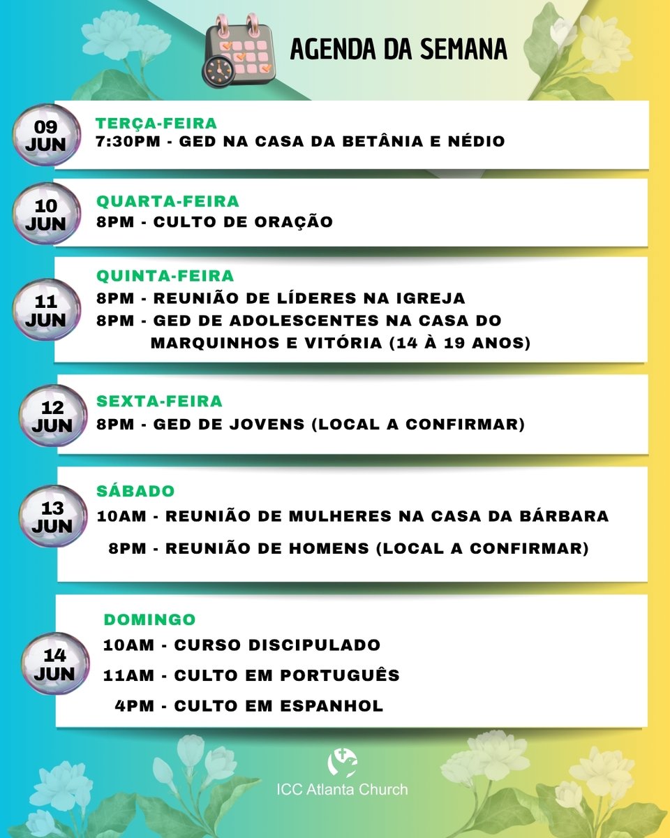 AtlantaIcc's tweet photo. Nossa agenda desta semana para que você participe conosco.  #evangelismo #estudobiblico #discipulado #liderançacristã #iccatlantachurch https://t.co/XFcH3pFV1z