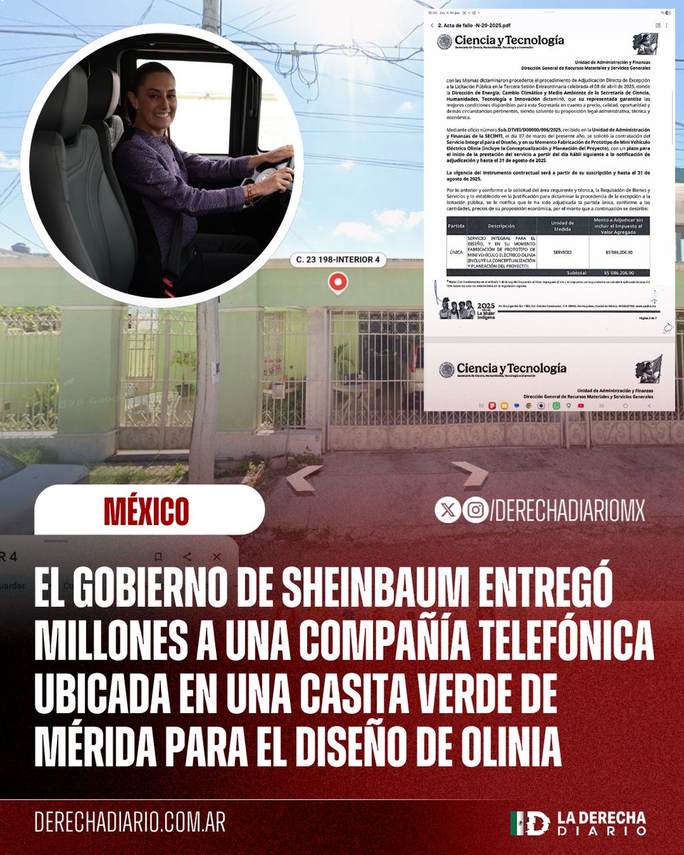DerechaDiarioMX's tweet photo. 🚨🇲🇽 | APESTA A FRAUDE: El gobierno de Sheinbaum entregó un contrato por 5 millones de pesos a la empresa Rocketel SAPI para el diseño de su auto chino "Olinia".

Sin embargo, la compañía no se dedica al diseño automotriz, pues es de telefonía y está ubicada en una casita verde de Mérida que a la vista carece del equipamiento para ser un laboratorio industrial.

Info @jorgegogdl