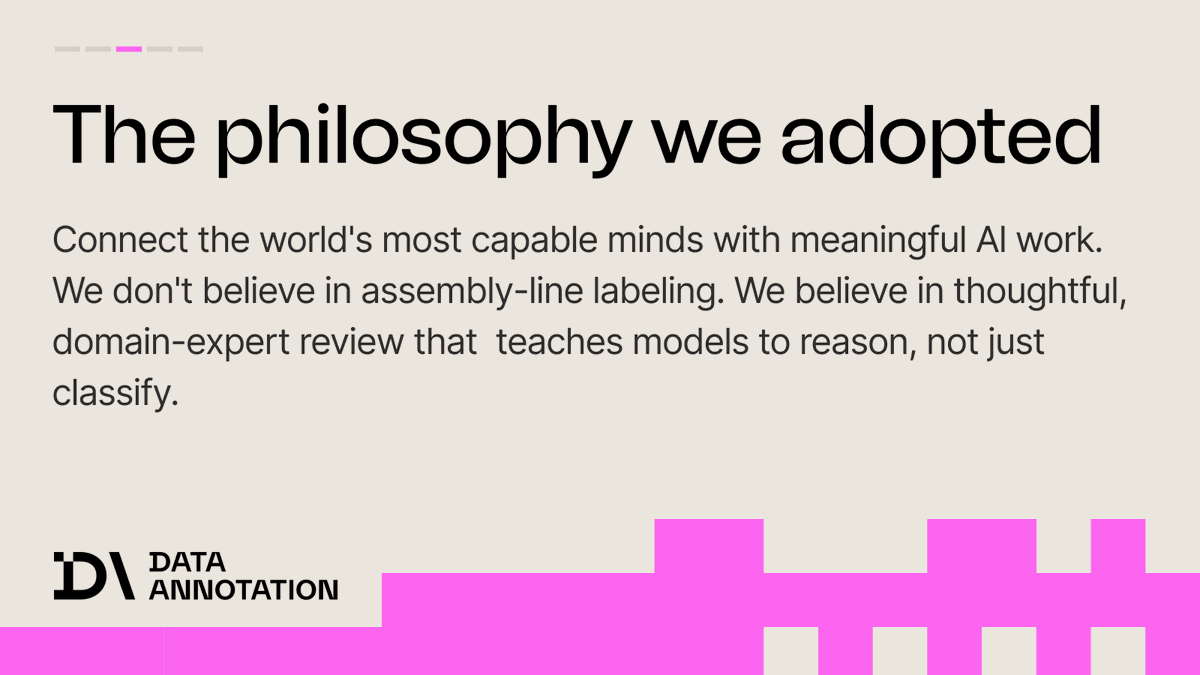 Data_Annotation's tweet photo. AI models are only as good as the data they learn from.

The annotation industry treats this as a volume problem. DataAnnotation treats it as an expertise problem.

General projects start at $25-$30+/hr. Professional projects start at $50-$100+/hr.

To learn more → link in bio. https://t.co/W4d9aferiO