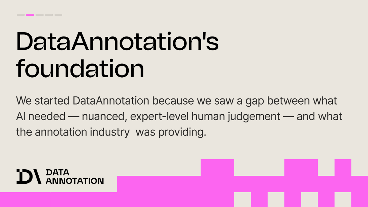 Data_Annotation's tweet photo. AI models are only as good as the data they learn from.

The annotation industry treats this as a volume problem. DataAnnotation treats it as an expertise problem.

General projects start at $25-$30+/hr. Professional projects start at $50-$100+/hr.

To learn more → link in bio. https://t.co/W4d9aferiO