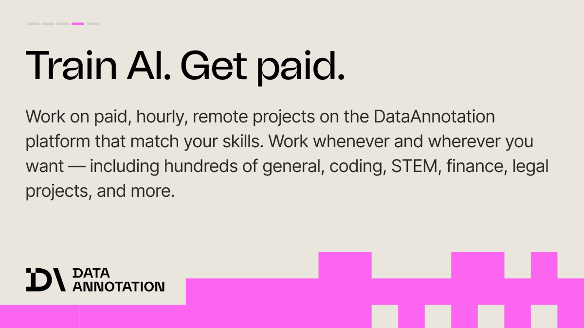 Data_Annotation's tweet photo. AI models are only as good as the data they learn from.

The annotation industry treats this as a volume problem. DataAnnotation treats it as an expertise problem.

General projects start at $25-$30+/hr. Professional projects start at $50-$100+/hr.

To learn more → link in bio. https://t.co/W4d9aferiO