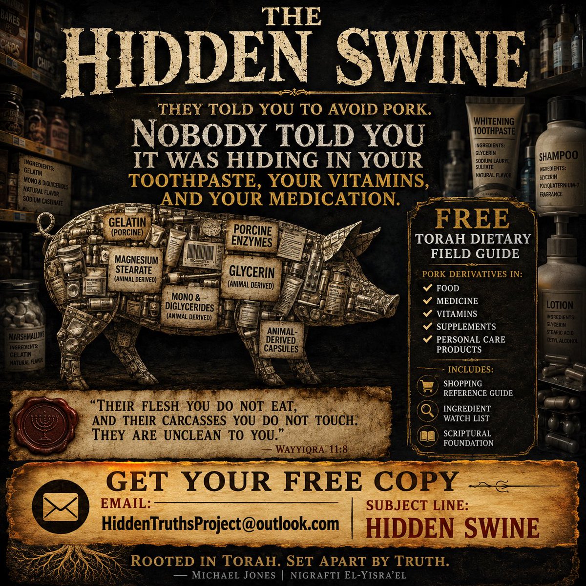 Okiemaday's tweet photo. They said avoid pork. Never mentioned it’s in your toothpaste, vitamins &amp; blood thinners. THE HIDDEN SWINE — free Torah dietary field guide. Email: HiddenTruthsProject@outlook.com https://t.co/CYHzTqRXCI