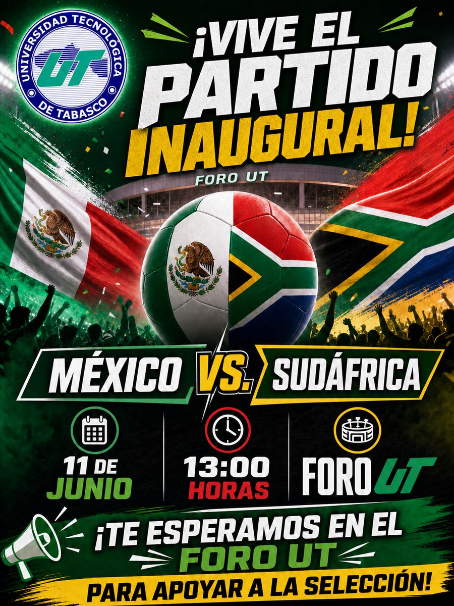 UTTAB's tweet photo. ⚽ La UTTAB te invita a vivir la emoción del partido inaugural del mundial en el Foro UT: México vs. Sudáfrica, este 11 de junio a las 13:00 hrs. Ven con tu energía, vibra con la comunidad universitaria y apoya a la selección en un ambiente lleno de pasión y alegría. ¡No faltes! https://t.co/S92nduaGe6