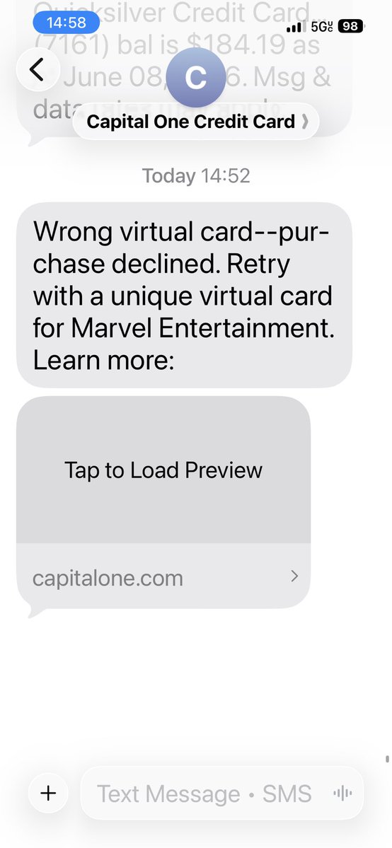 DogsMumm's tweet photo. Is this just a text scam or a @capitalone https://t.co/FPOhAzsqBU thing? https://t.co/CU502aE4CU