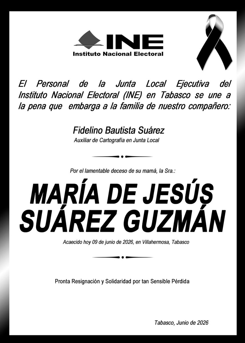 INE_TABASCO's tweet photo. En personal del #INE #TABASCO nos unimos a la pena que embarga a familiares y amigos de nuestro compañero y amigo, Fidelino Bautista Suárez, por el sensible fallecimiento de su mamá. QEPD https://t.co/OmgPNadRxX