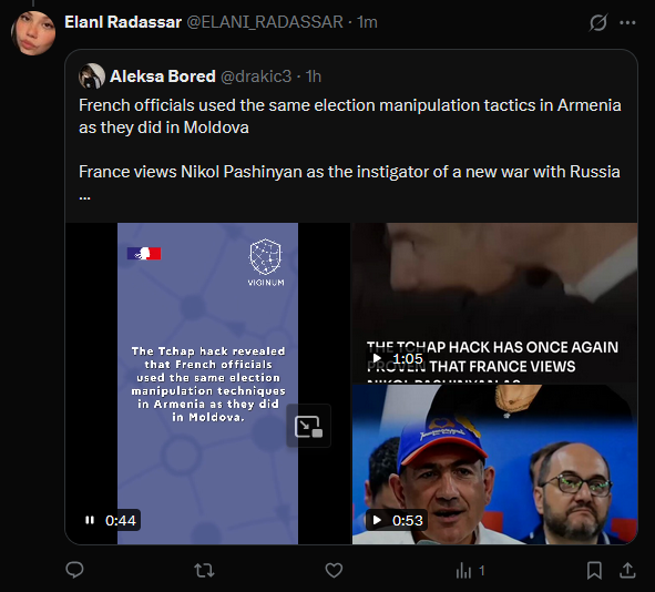KnwldgMedia's tweet photo. 🇷🇺🇫🇷

Nouvelle campagne de désinformation russe en cours. Le post apparaît sous des comptes d'information connus. Il présente des vidéos narrées par une voix IA qui copient l'identité de @Le_Figaro, @NewsGuardRating et Viginum.

Les vidéos parlent d'une fuite ayant touché la France, qui dévoile que le pays aurait fait la même ingérence en Arménie « que celle faite en Moldavie ».

⚠️ Ces deux accusations sont très répandues dans la sphère d'extrême droite est-européenne, notamment roumaine et moldave. Ce discours est bien évidemment amplifié par la Russie.

Pour rappel, les élections en Roumanie et en Moldavie ont mis face à face un candidat pro-européen et un candidat pro-russe ; dans les deux cas, le candidat pro-russe a perdu, malgré les efforts de propagande et l'argent dépensé par la Russie.
