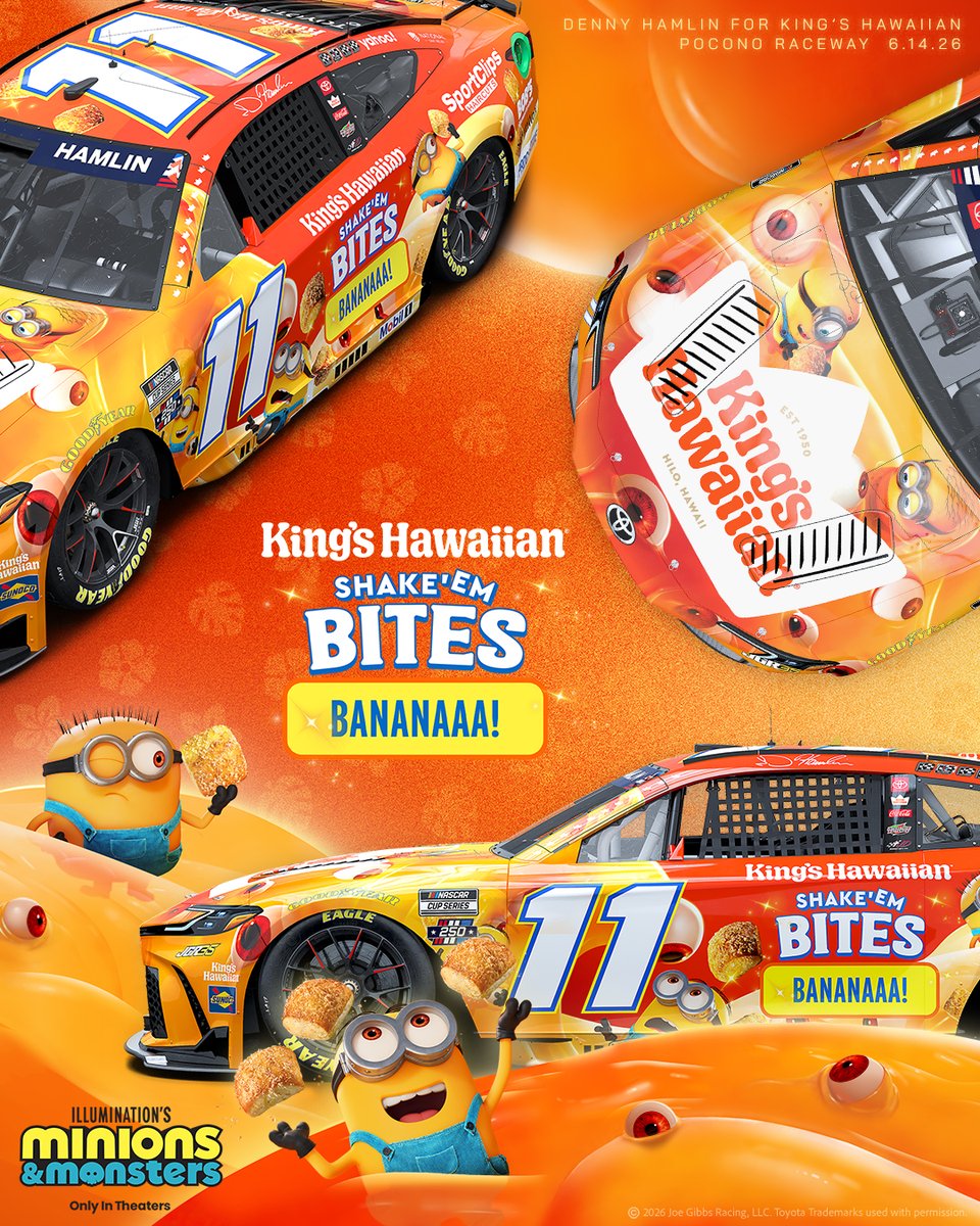 JoeGibbsRacing's tweet photo. Bananaaa! The @kingshawaiian Banana Shake 'Em Bites No. 11 is deliciously delightful! See Minions &amp; Monsters in theaters July 1. https://t.co/1V5Aw3QsZe