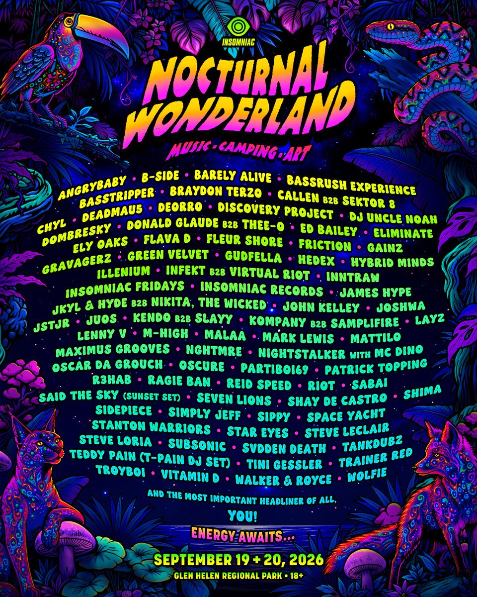 GlobalDanceGDE's tweet photo. 🚨MAJOR NEWS - Nocturnal Wonderland 2026 Lineup Announced.  

Is it STACKED or AVERAGE?

2-Day Festival Passes &amp; Camping Passes go on sale this Friday, 6/12 at 12PM PT ►https://t.co/5GkU7jYKRG https://t.co/BDd00lKdRy