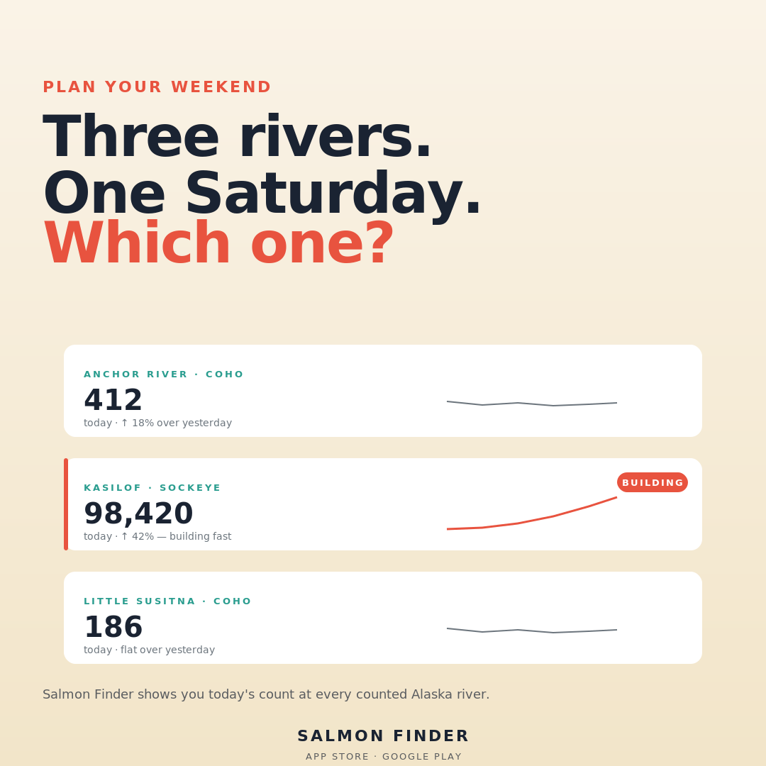 _deviouspanda's tweet photo. On most counted Alaska rivers, the peak 10 days deliver 30–55% of the entire season's fish. Ayakulik pinks: ~50%. Kasilof sockeye: ~40%. Anchor River coho: ~50%. Miss the week, miss the run. Salmon Finder tells you when it starts.… https://t.co/xWXDCjMRRf https://t.co/F4fUB3di0K