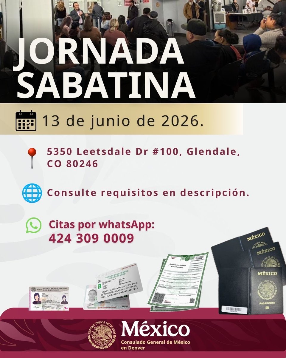 ConsulMexDen's tweet photo. ¿Necesitas tramitar la doble nacionalidad para tu hija o hijo?
El Consulado realizará una jornada sabatina de revisión de documentos el próximo 13 de junio de 2026.
📋 Regístrate aquí:
https://t.co/ksCO1db4mg
⚠️ Cupo limitado a las primeras 100 personas https://t.co/rGy68tFrdv