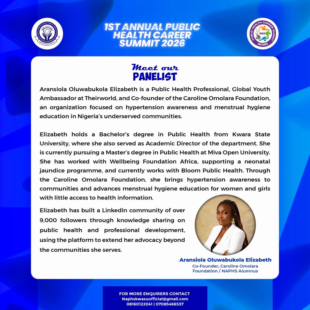 PH_KWASU's tweet photo. MEET OUR PHCS’26 PANELIST!

We're excited to welcome Aransiola Oluwabukola Elizabeth,Public Health Professional,Global Youth Ambassador, and Co-founder of the Caroline Omolara Foundation.

Come learn about leadership and buildinga strong professional presence.
Don’t miss it #phcs https://t.co/SWTCW5icvH