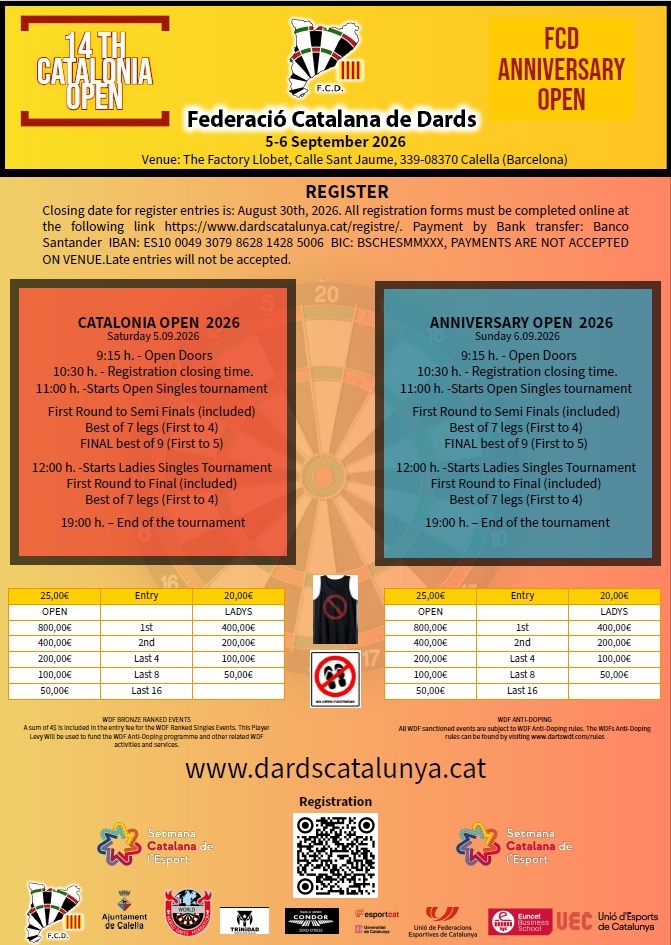 FCDards's tweet photo. #CataloniaOpen2026 + #FCDanniversary2026
#RankingWDF #catalonia 
@esportcat @ajcalella @UFECcat #SCE2026 @CONDOR_FlightJP @Trinidad_darts @DartsWDF @fcdards 
#dards #sunanddarts https://t.co/x5GXICb7PU