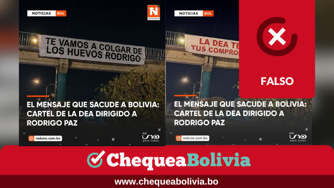 ChequeaBolivia's tweet photo. 🚨Son falsas estas imágenes que muestran a la DEA amenazando a Rodrigo Paz
❌Falsificaron a Red Uno, medio que negó haber publicado estas imágenes. Además, el texto original decía: "Evo, o es la DEA o somos nosotros, cumplí tu promesa. PCC". 
👉 Ver más: https://t.co/qde5hRsWep
#ChequeaBolivia #EsFalso