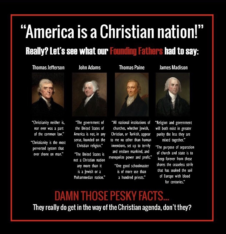 sock82's tweet photo. @TheTweetOfGod The Founding Fathers were not fond of Christianity, and were deist at best. 
They were, however, adamant about the separation of church and state. https://t.co/BcrvfjzXZA