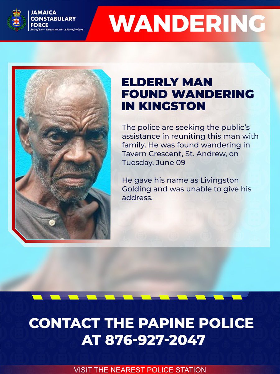 JamaicaConstab's tweet photo. The police are seeking the public’s assistance in reuniting this man with his family. He was found wandering in Tavern Crescent, St. Andrew, on Tuesday, June 09.
 
He gave his name as Livingston Golding.
 
Anyone with information that can assist the police in reuniting Livingston Golding with his family is asked to contact the Papine Police Station at 876-927-2047, the police emergency 119 number, or the nearest police station.