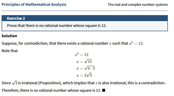 scratchbox2's tweet photo. Studying Rudin's Principles of Mathematical Analysis Exercise 2  - The real and complex number systems 
Prove that there is no rational number whose square is 12. https://t.co/jmAcZtw1Ds